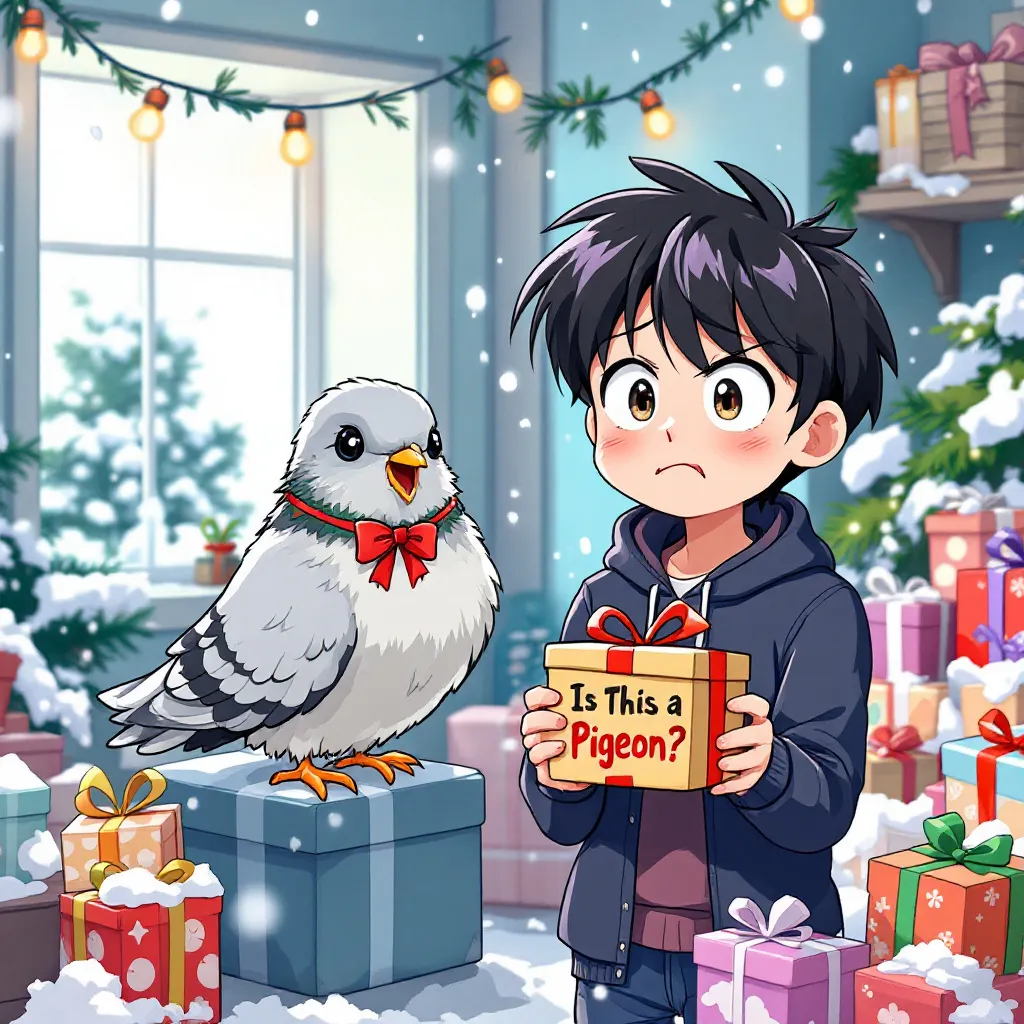 A playful and whimsical scene inspired by the "Is This a Pigeon?" meme, depicting a confused anime-style character in a festive setting. The character, with exaggerated wide eyes and a baffled expression, holds a small gift box labeled "Pigeon?" while staring at a cheerful pigeon perched nearby. The pigeon tilts its head curiously, adorned with a tiny holiday bow. Surrounding them are wrapped presents, twinkling fairy lights, and falling snowflakes, creating a cozy holiday atmosphere. The background features a warmly lit room with a decorated Christmas tree and shelves filled with quirky trinkets. Use vibrant, saturated colors with soft lighting to enhance the festive mood, rendered in a semi-realistic anime art style with clean lines and expressive details. Playful humor and warmth should radiate from the composition.