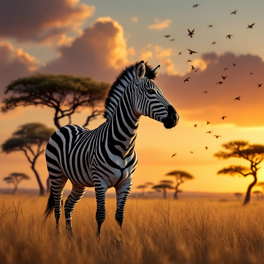A majestic zebra stands proudly in the golden savanna at sunset, its bold black-and-white stripes contrasting against the warm, amber-hued grasslands. The zebra's head is lifted high, ears perked, as if listening to distant sounds, while a gentle breeze rustles its short mane. Surrounding it are scattered acacia trees with twisted branches, their silhouettes sharp against the vibrant sky. The artistic style is photorealistic with a touch of dramatic lighting, emphasizing the zebra's sleek form and the rich textures of its environment. The color palette blends deep oranges, soft purples, and earthy browns, evoking a serene yet wild mood. Shot from a low angle to accentuate the zebra's grandeur, the composition frames it slightly off-center, with a shallow depth of field blurring the distant horizon. A flock of birds takes flight in the background, adding dynamism to the scene.