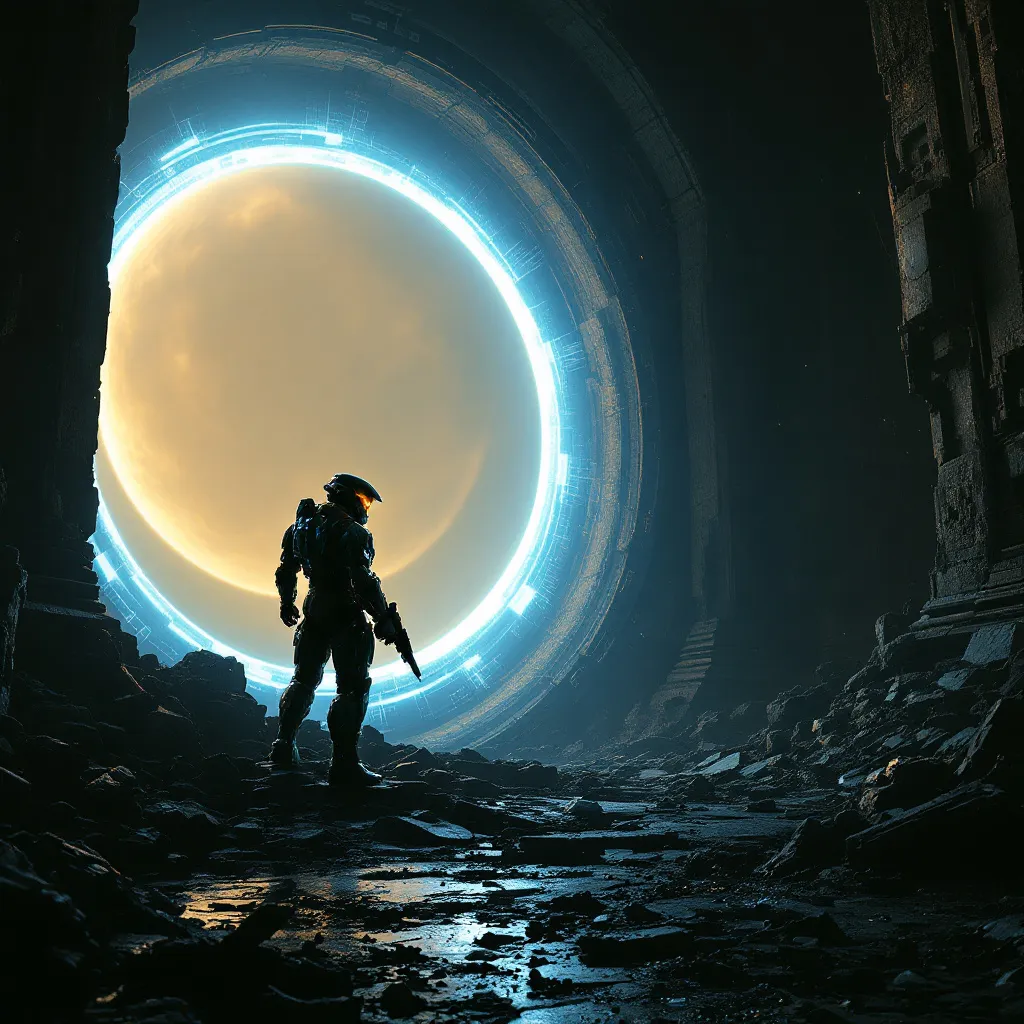 A dynamic sci-fi action scene from *Halo Infinite*, featuring Cortana, the iconic AI construct, glowing with ethereal blue energy, her holographic form flickering with digital precision. She stands amidst the wreckage of a Forerunner structure, bathed in the golden light of a distant Halo ring. Master Chief looms nearby in his battle-scarred MJOLNIR armor, gripping an assault rifle, his visor reflecting Cortana's radiant glow. The environment blends futuristic alien architecture with rugged military tech—floating debris, shattered sentinels, and the ominous presence of the Banished forces lurking in shadowy corridors. The atmosphere is tense yet cinematic, with a mix of neon blues, deep purples, and warm metallic tones, evoking a sense of mystery and impending conflict. The scene captures the grandeur of interstellar warfare, blending high-tech detail with a moody, cinematic aesthetic.