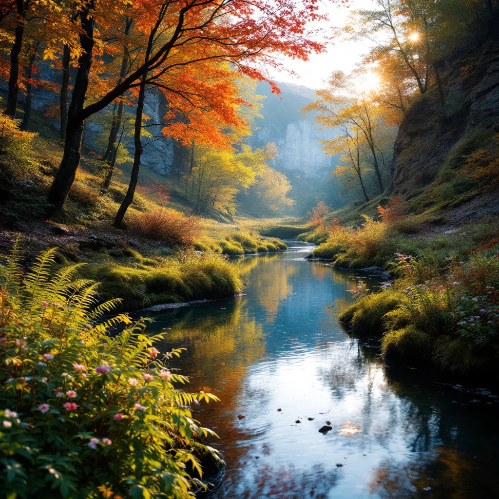 A serene autumn afternoon at Indian Creek Natural Area, where golden sunlight filters through a canopy of oak and maple trees, their fiery red and orange leaves rustling in a gentle breeze. The creek meanders through rolling hills, its crystal-clear waters reflecting the warm hues of the forest. Lush ferns and wildflowers dot the moss-covered banks, while distant limestone cliffs add rugged texture. The air is crisp, with a hint of earthiness, and the soft glow of twilight begins to deepen the shadows. Capture this tranquil scene in a photorealistic style, with rich, saturated colors and a slightly diffused, dreamlike atmosphere.